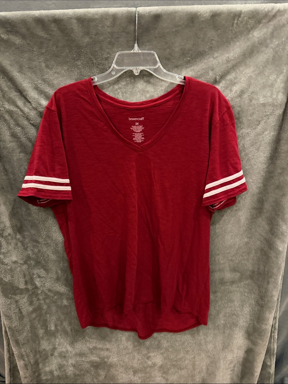 boxercraft Burgundy V-Neck Short Sleeve Tee with White Sleeve Stripes